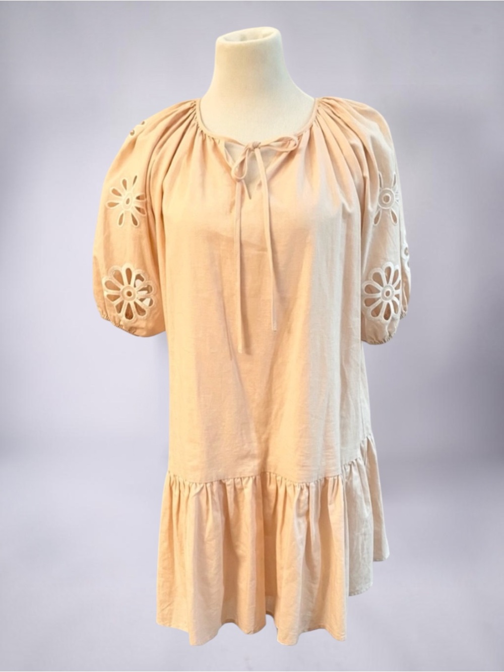 New! KARLIE EMBROIDERED PUFF SLEEVE PINK SMOCK RUFFLE DRESS SIZE LARGE